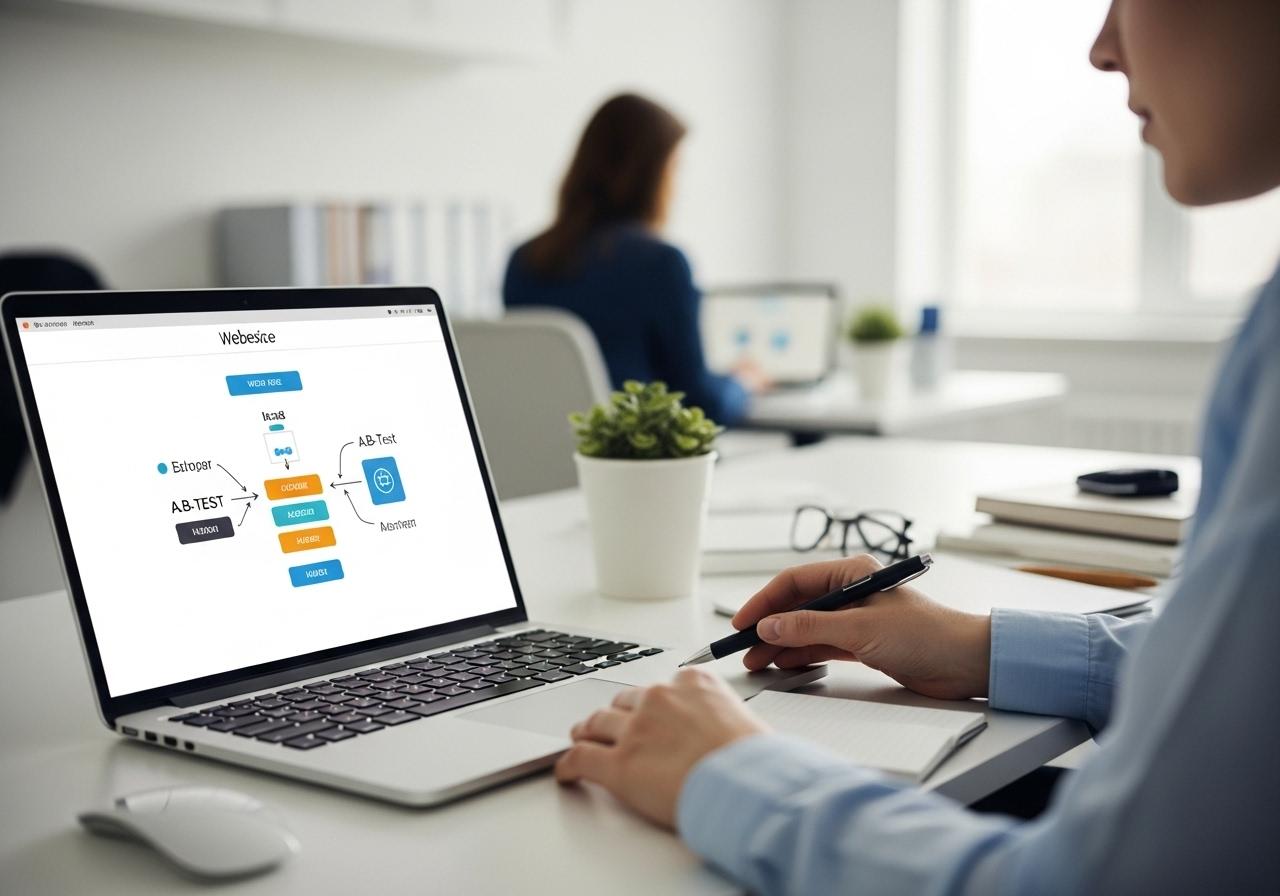 Laptop zeigt WordPress A B Test mit zwei verschiedenfarbigen Buttons auf Bildschirm