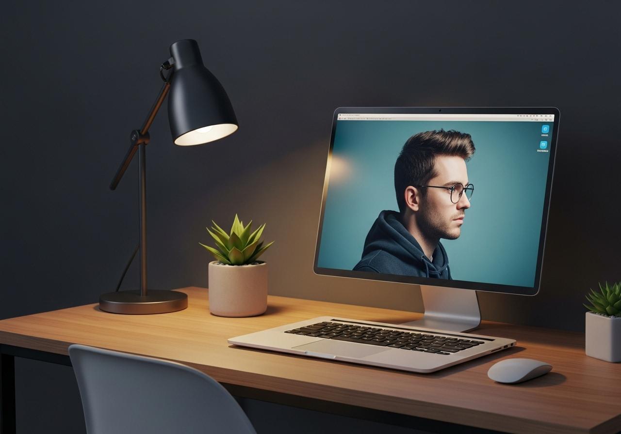 Ein Schreibtisch mit Laptop und digitalen Workflow Symbolen, der die Automatisierung von Arbeit mit Zapier und Make darstellt