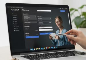 Eine Person sitzt entspannt vor einem Laptop und schließt den Online Checkout eines modernen Shops ab