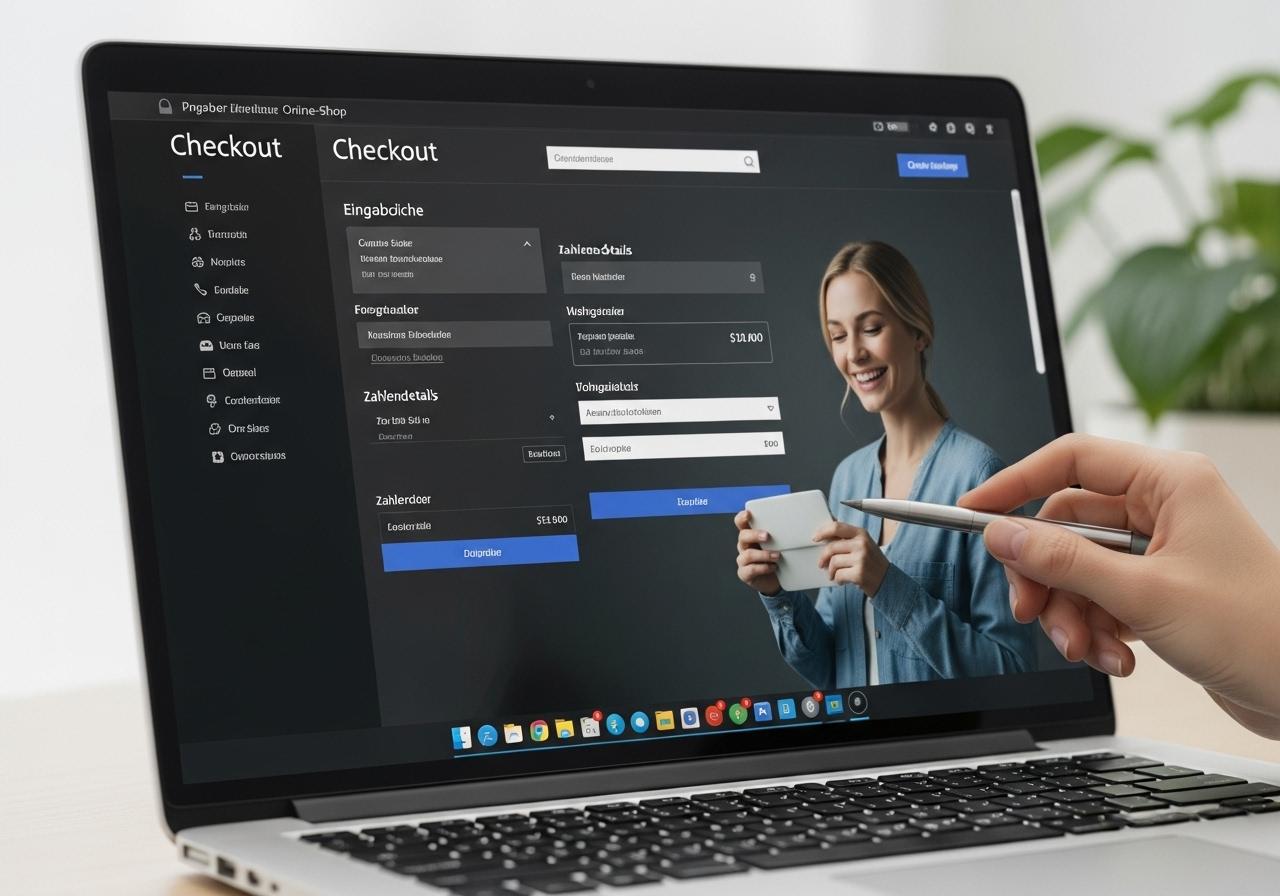 Eine Person sitzt entspannt vor einem Laptop und schließt den Online Checkout eines modernen Shops ab