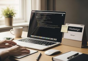 Laptop zeigt Code für ein WordPress Beitragsraster ein Notizblock liegt daneben natürliche Lichtstimmung