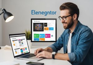 Webdesigner arbeitet am Laptop an eigenen Elementor Widgets mit Unlimited Elements Plugin für WordPress
