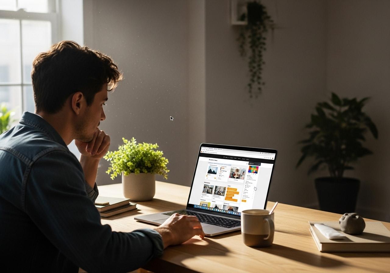 Designer arbeitet am Laptop an einer Website und vergleicht Divi und Elementor Builder Werkzeuge