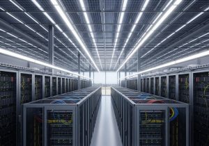 Serverräume mit Solarpanels auf dem Dach zeigen nachhaltiges grünes Webhosting bei deutschen Anbietern.