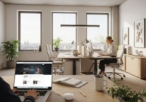 Eine Person sitzt an einem Laptop und erstellt interaktive Website Elemente wie Formulare und Buttons zur Steigerung der Nutzerbindung