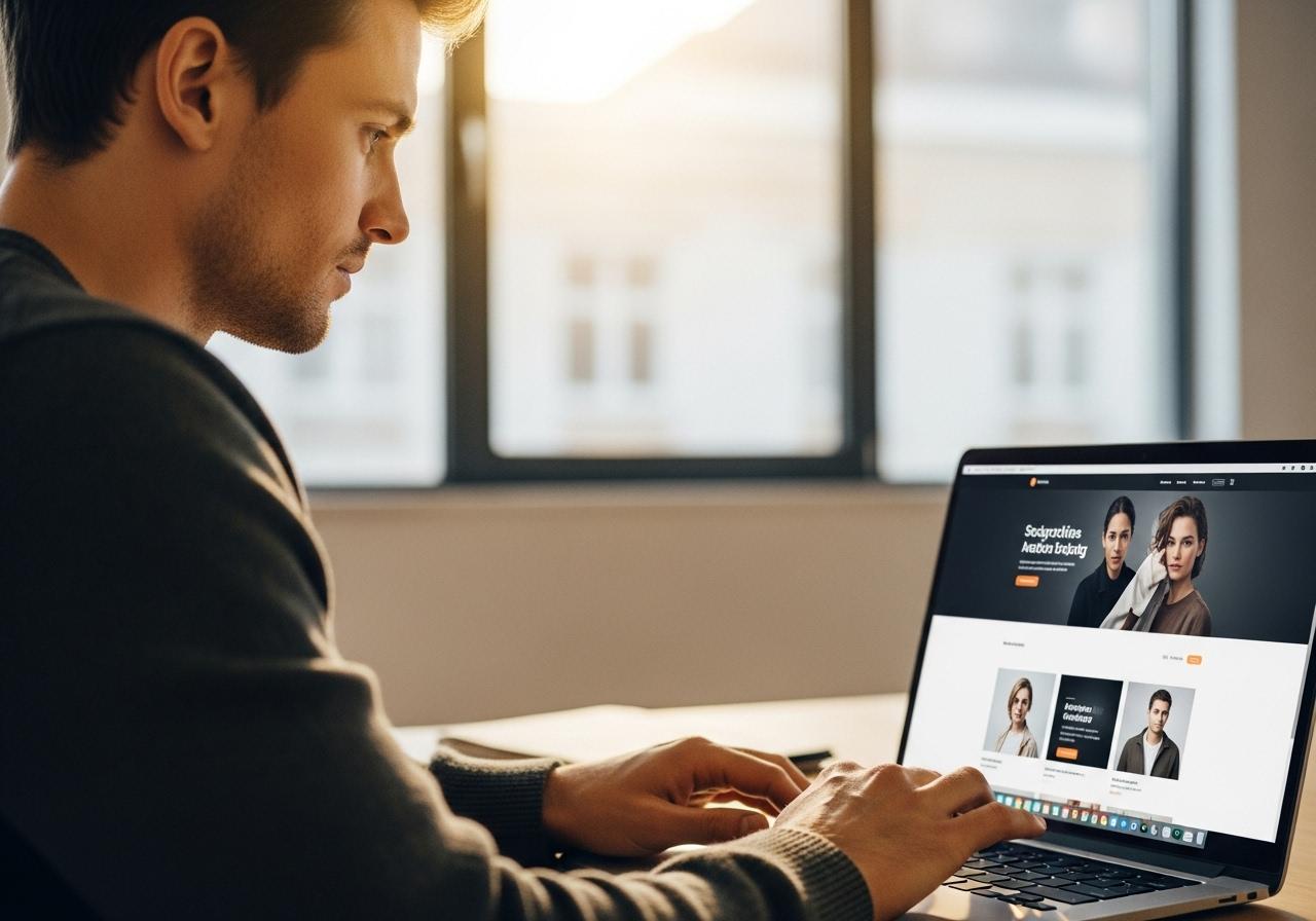 Ein Entwickler sitzt mit Laptop im modernen Büro und arbeitet an einer Website mit No Code und WordPress Konzept