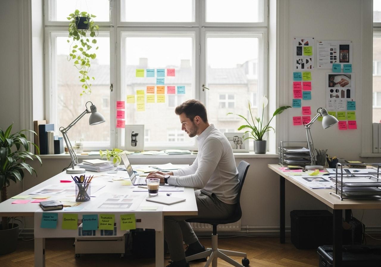 Ein kreativer Profi arbeitet am Laptop und strukturiert Kundenfeedback mit digitalen Tools in einem hellen modernen Büro.