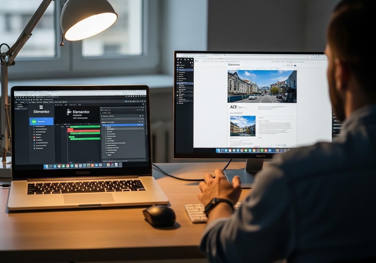 Ein Webdesigner verbindet Advanced Custom Fields mit Elementor Dynamic Content auf einem Laptop