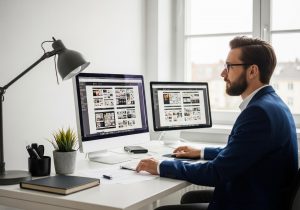 Designer analysiert Website am Computer um Verkaufspsychologie und Nutzerverhalten im Webdesign visuell zu verstehen.