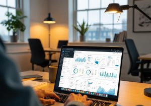 Laptop mit offenem SaaS Dashboard zeigt Onboarding und Preisgestaltung in moderner Arbeitsumgebung