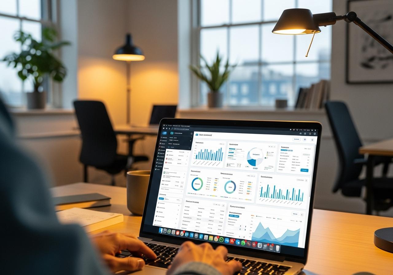 Laptop mit offenem SaaS Dashboard zeigt Onboarding und Preisgestaltung in moderner Arbeitsumgebung