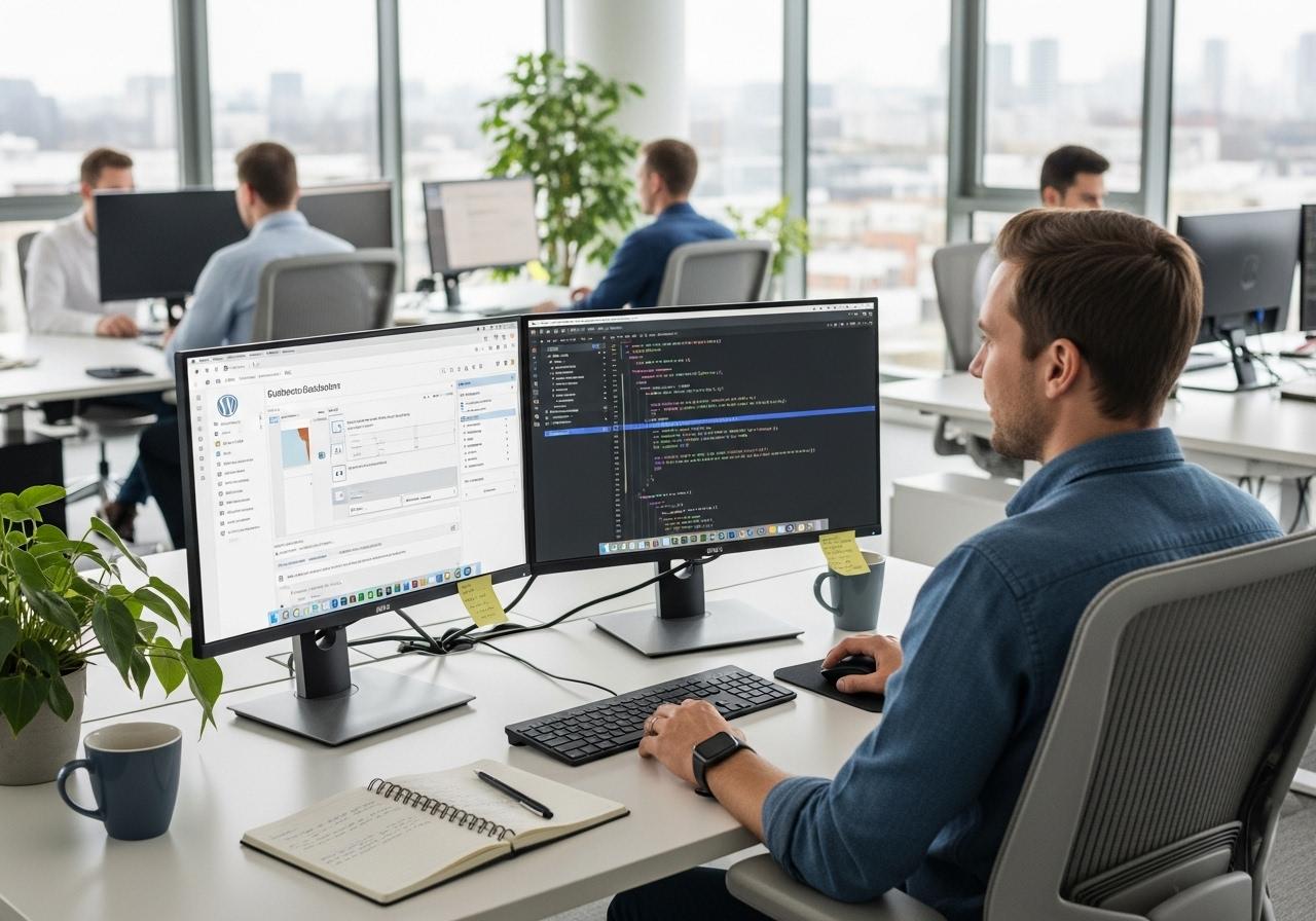 Ein Entwickler arbeitet an einem Headless CMS mit WordPress Backend und Next.js Frontend im modernen Büro.
