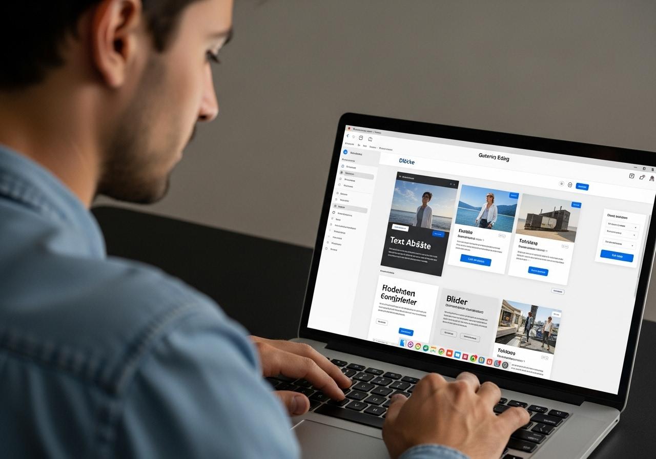 Ein Designer sitzt am Laptop und gestaltet mit dem Gutenberg Editor eine komplexe Webseite mit mehreren Layoutblöcken