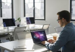 Webdesigner arbeitet am Laptop und optimiert SVG Grafiken für schnell ladende und scharfe WordPress Seiten