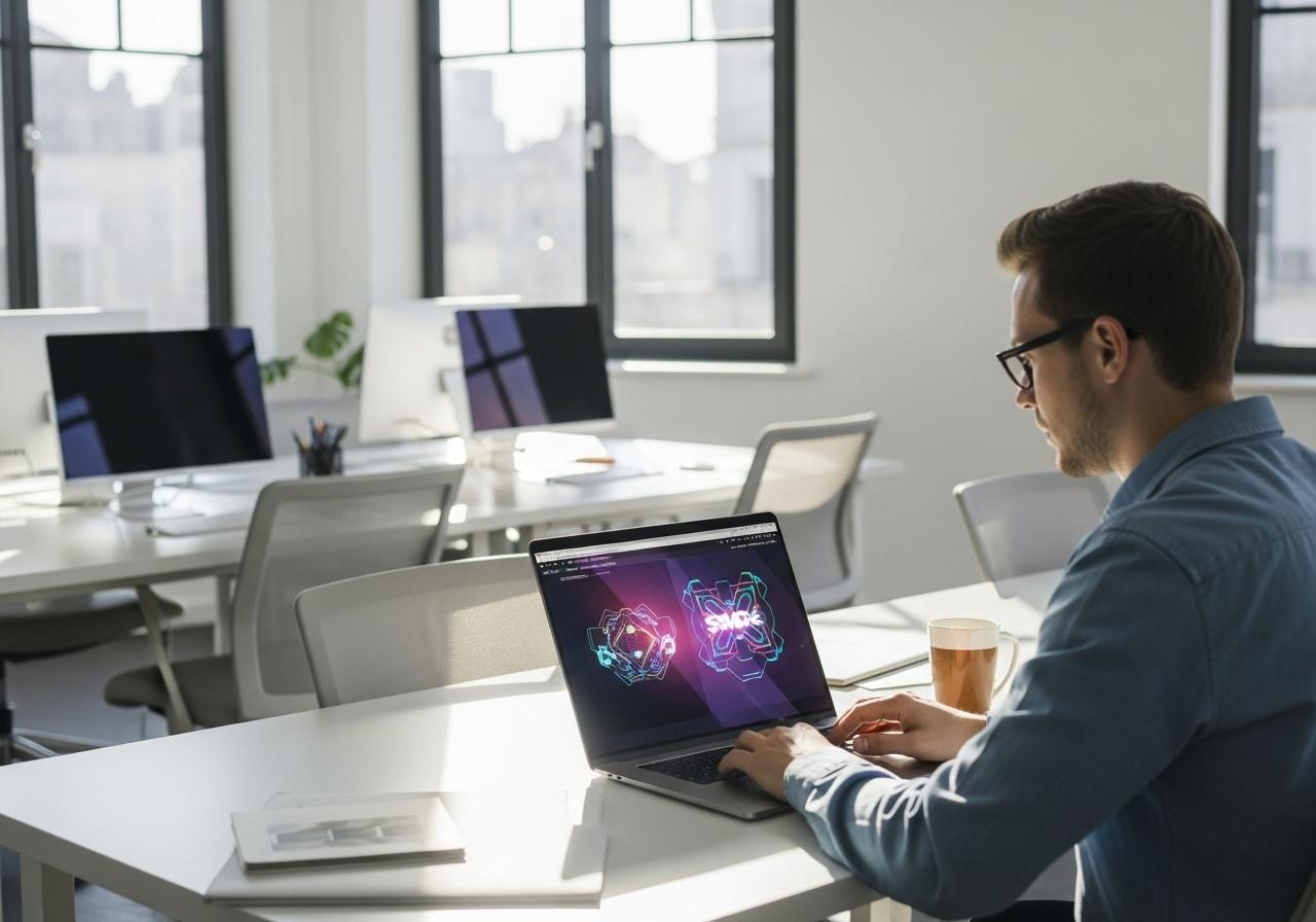 Webdesigner arbeitet am Laptop und optimiert SVG Grafiken für schnell ladende und scharfe WordPress Seiten