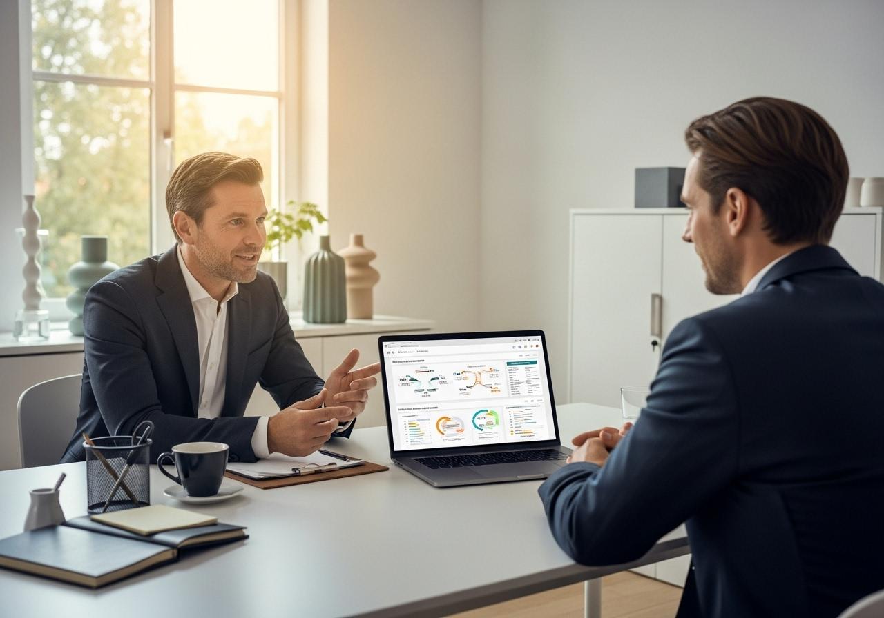 Ein Unternehmer erklärt einem Kunden am Laptop den Wert seiner Arbeit im modernen Büro bei Tageslicht