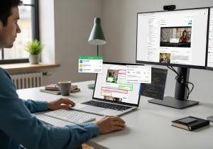 Person überprüft Website Barrierefreiheit am Laptop mit WordPress und Elementor an einem hellen Arbeitsplatz