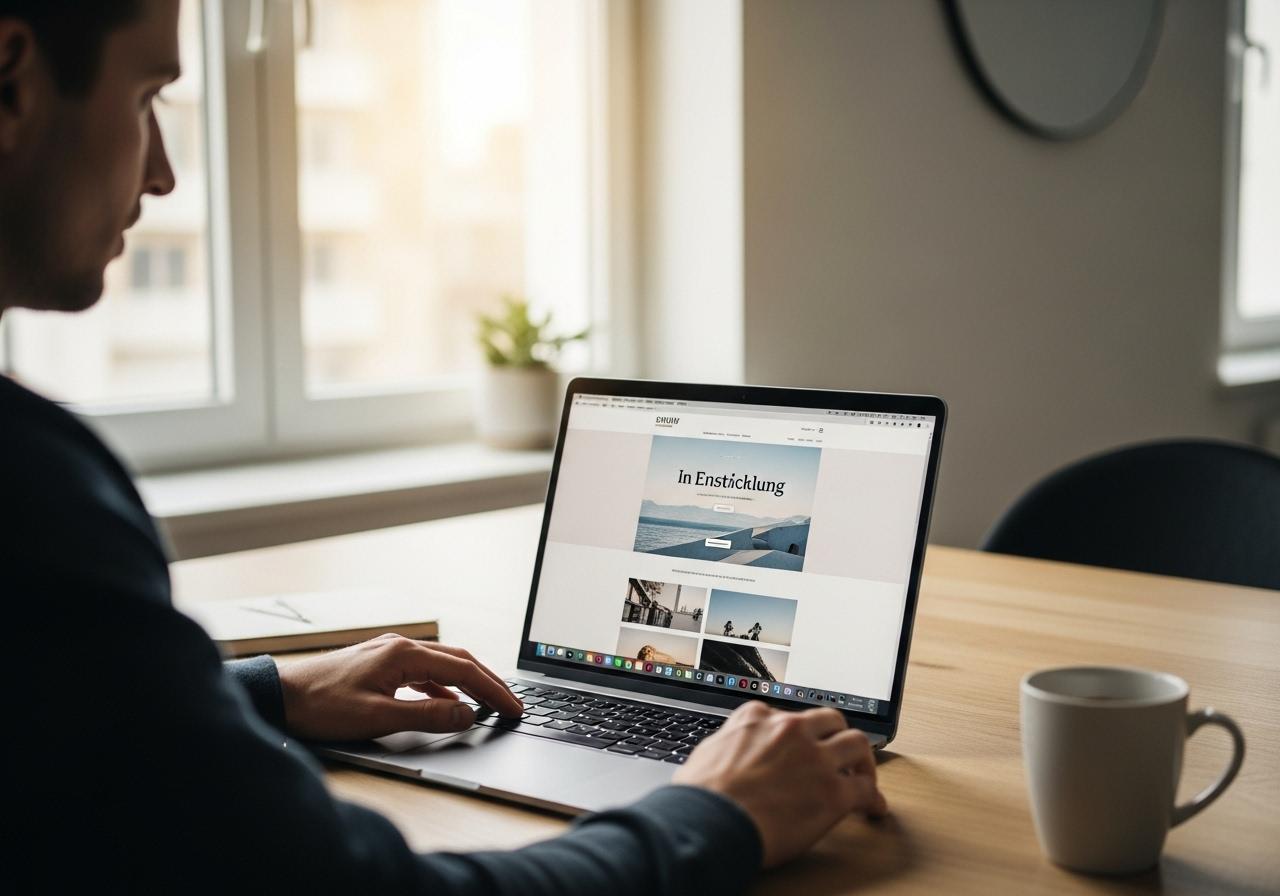 Designer arbeitet konzentriert am Laptop an moderner minimalistischer Website mit aktuellen Webdesign Trends