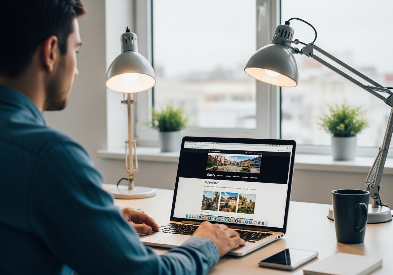 Ein Webdesigner überprüft auf einem Laptop die Ladegeschwindigkeit einer Website in einem hellen modernen Büro.