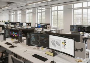 Ein moderner Arbeitsplatz mit mehreren Monitoren, auf denen KI Tools für Design Code und Projektmanagement zu sehen sind