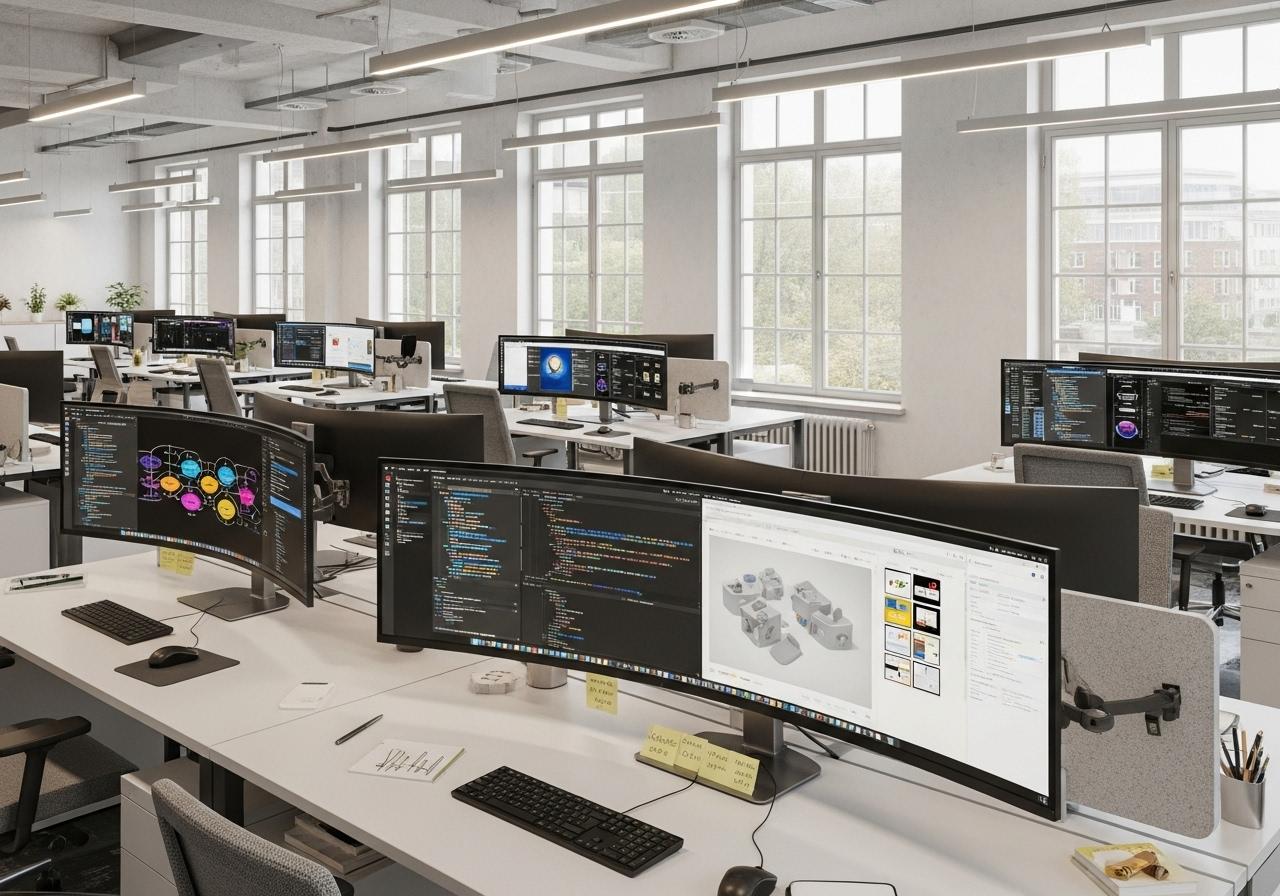 Ein moderner Arbeitsplatz mit mehreren Monitoren, auf denen KI Tools für Design Code und Projektmanagement zu sehen sind