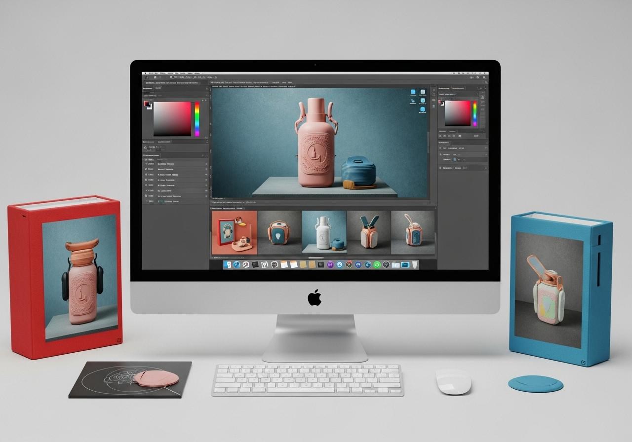 Foto einer modernen Arbeitsumgebung mit Laptop auf dem Schreibtisch, darauf geöffnete KI Tools für Design und Projektmanagement
