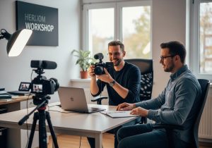 Person in modernem Büro nimmt Video Tutorial auf und leitet Workshop mit Laptop und Kamera