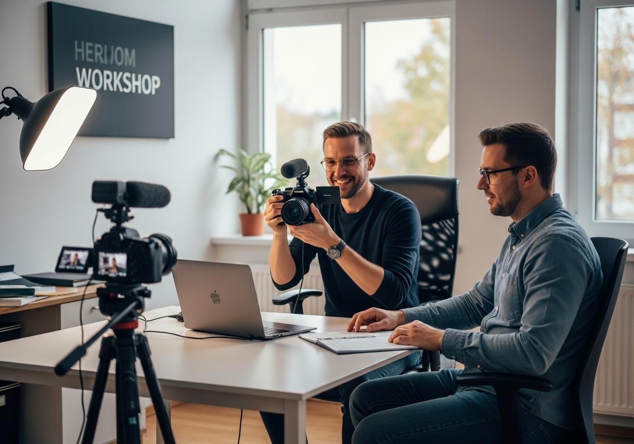 Person in modernem Büro nimmt Video Tutorial auf und leitet Workshop mit Laptop und Kamera