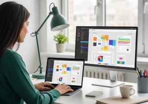 Eine Designerin erstellt mit Elementor am Laptop ein Design System mit globalen Einstellungen im modernen Büro