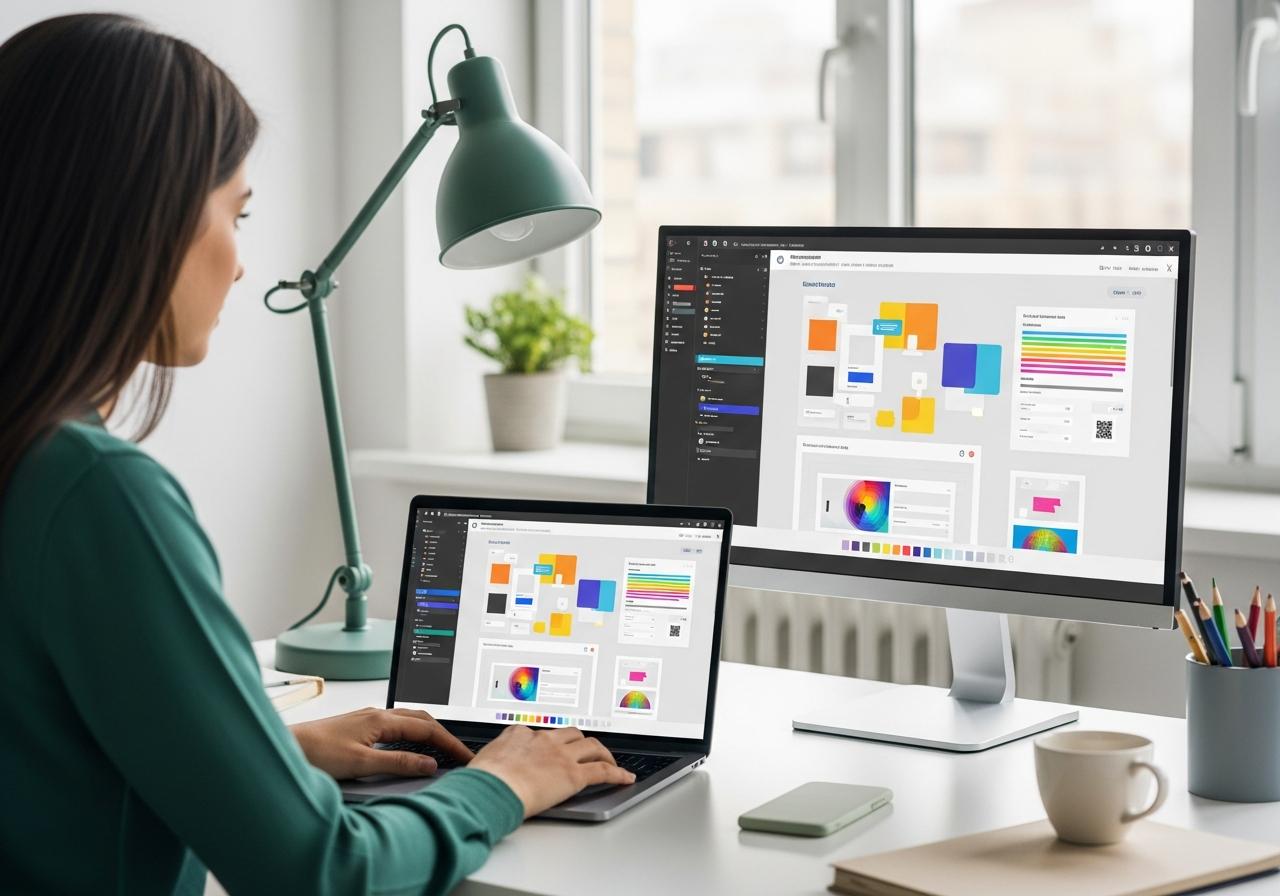 Eine Designerin erstellt mit Elementor am Laptop ein Design System mit globalen Einstellungen im modernen Büro