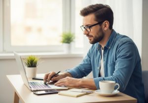 Blogger sitzt am Schreibtisch mit Laptop und Kaffee und arbeitet konzentriert an Affiliate Marketing Konzepten.