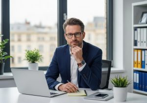 Ein Experte sitzt im Büro mit Laptop und wirkt nachdenklich während er über seine Leistungen reflektiert