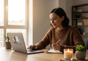 Freelancer führt über Laptop einen Live Videoanruf für bezahltes Expertengespräch durch