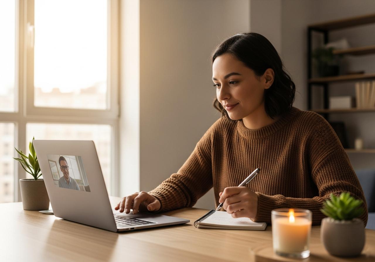 Freelancer führt über Laptop einen Live Videoanruf für bezahltes Expertengespräch durch