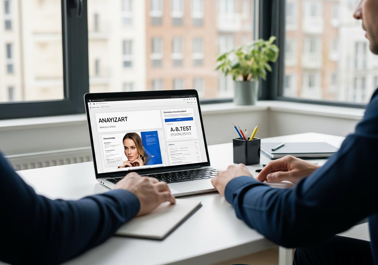 Person analysiert Nutzerverhalten und A B Test Ergebnisse auf Laptop im Büro um Landing Pages zu optimieren