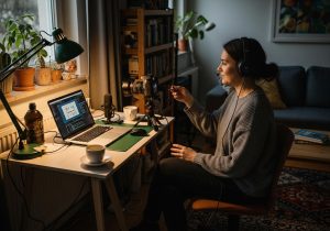 Eine Person nimmt mit Laptop und Kamera einen Online Videokurs in heimischer Umgebung auf, um passives Einkommen zu erzielen