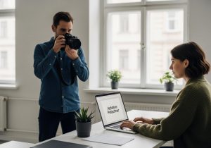 Person arbeitet am Laptop an einem interaktiven Preisrechner in einem modernen Büro mit natürlichem Licht.