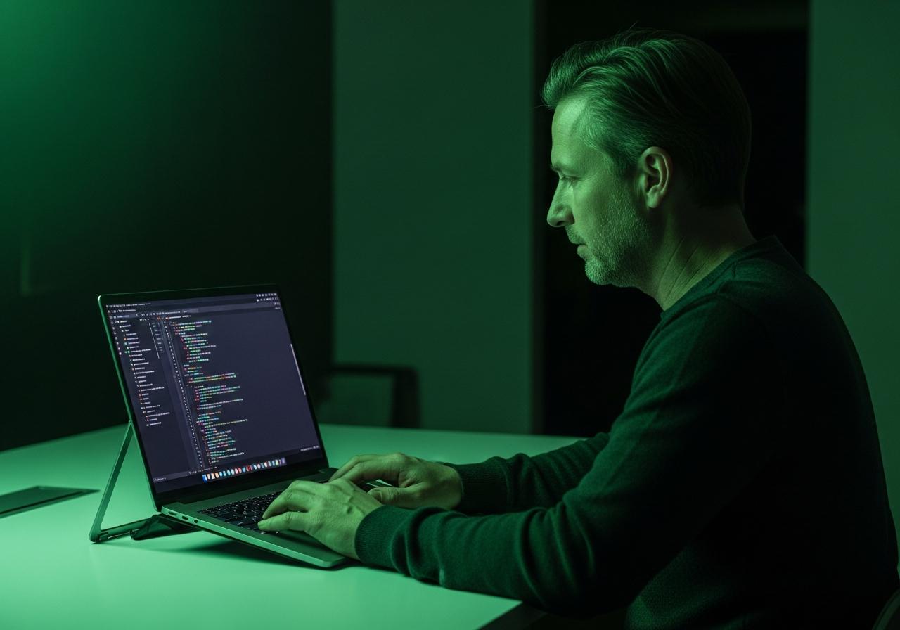Ein Webentwickler arbeitet am Laptop an der PageSpeed Optimierung einer Webseite mit grünem Lichtsymbol auf dem Monitor