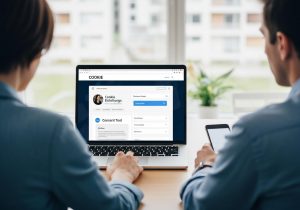 Ein Webentwickler überprüft am Laptop die technische Funktion eines Consent Tools auf einer Webseite