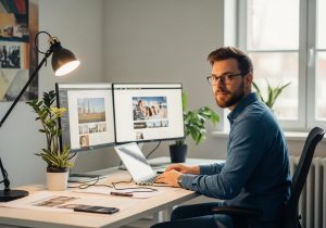 Designer arbeitet an maßgeschneiderten Elementor Templates für verschiedene Nischen in moderner Arbeitsumgebung