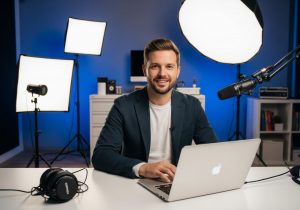 Ein Content Creator filmt ein Tutorial mit professioneller Kamera und Laptop um Wissen online zu teilen und Kunden zu gewinnen