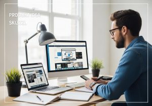 Ein Webdesigner erstellt am Laptop digitale Produkte für den Envato Market mit Notizbuch und Kaffee auf dem Schreibtisch