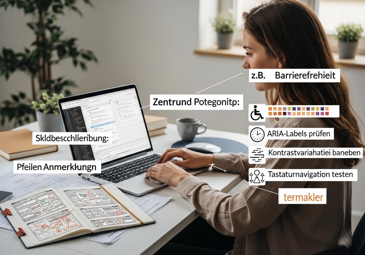 Eine Webdesignerin analysiert eine Webseite auf Barrieren mit Laptop, Code und Notizbuch auf einem hellen Schreibtisch.