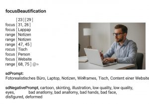 Eine Person erstellt strukturiert Website Inhalte am Laptop mit Wireframes und Notizen auf dem Tisch