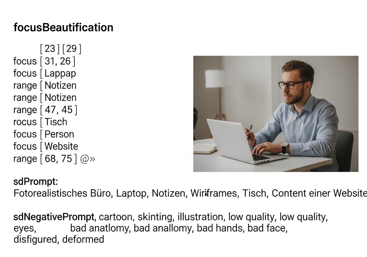 Eine Person erstellt strukturiert Website Inhalte am Laptop mit Wireframes und Notizen auf dem Tisch