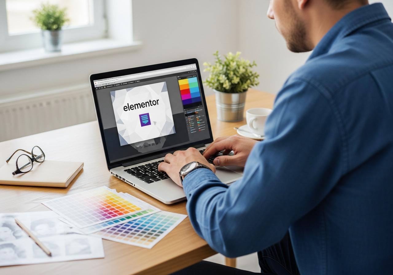Designer arbeitet am Laptop an einem Design System in Elementor mit Farbmustern und Schriftproben auf dem Tisch