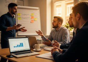 Ein Team in einem Workshop arbeitet gemeinsam an Zielen Zielgruppen und einer technischen Roadmap am hellen Konferenztisch.
