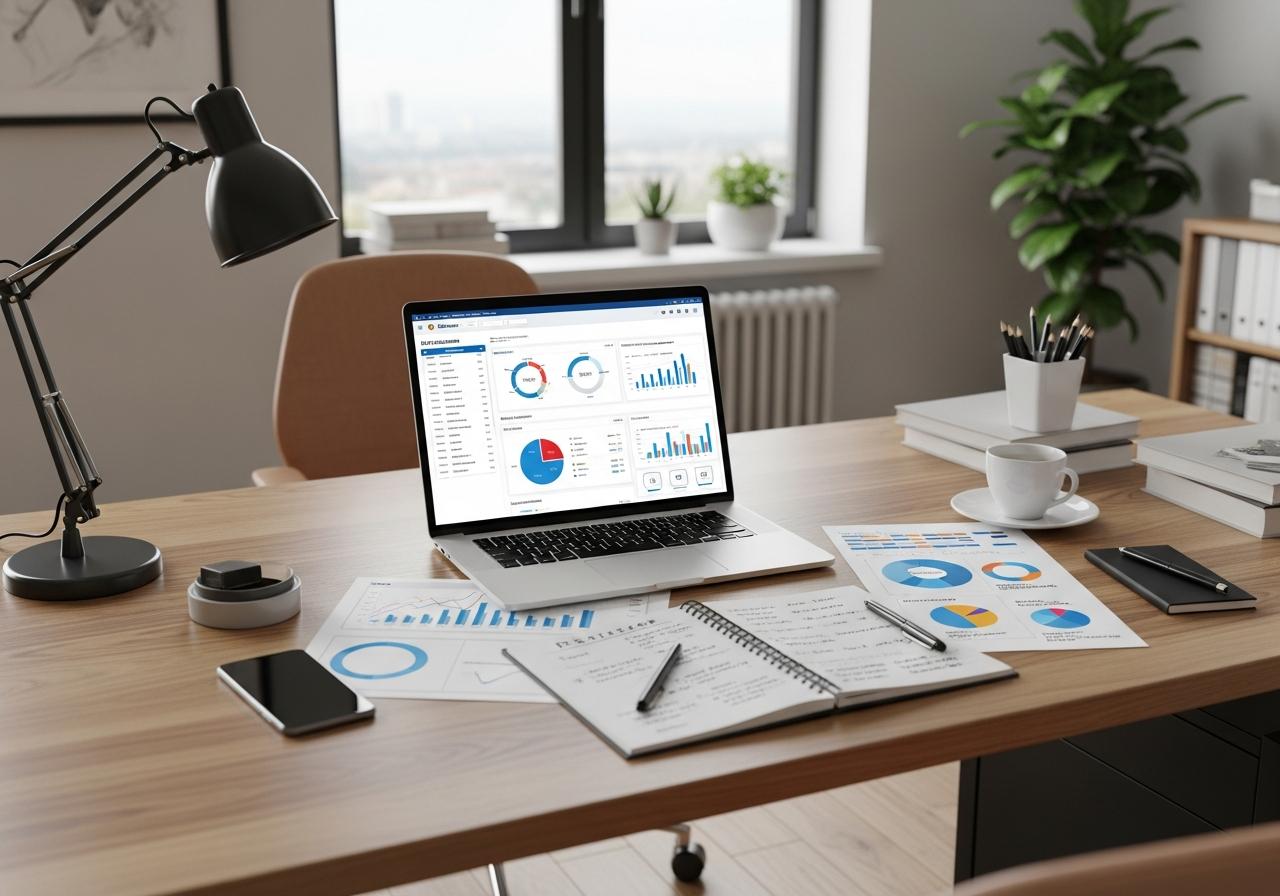 Moderner Schreibtisch mit Laptop offenem SEO Dashboard Notizbuch und Kaffee in hellem Tageslicht