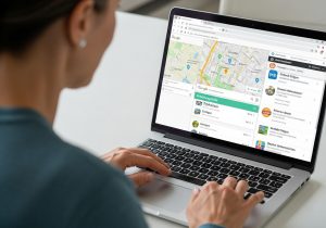Eine Person sitzt am Laptop und pflegt Website und Google Business Profile sowie lokale Branchenverzeichnisse.