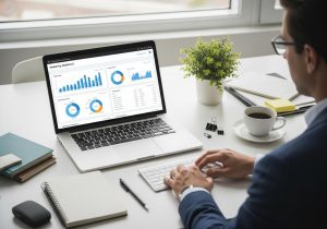 Ein Laptop zeigt ein Marketing Dashboard mit Diagrammen und Datenanalyse, daneben Kaffee und Notizbuch auf einem Schreibtisch
